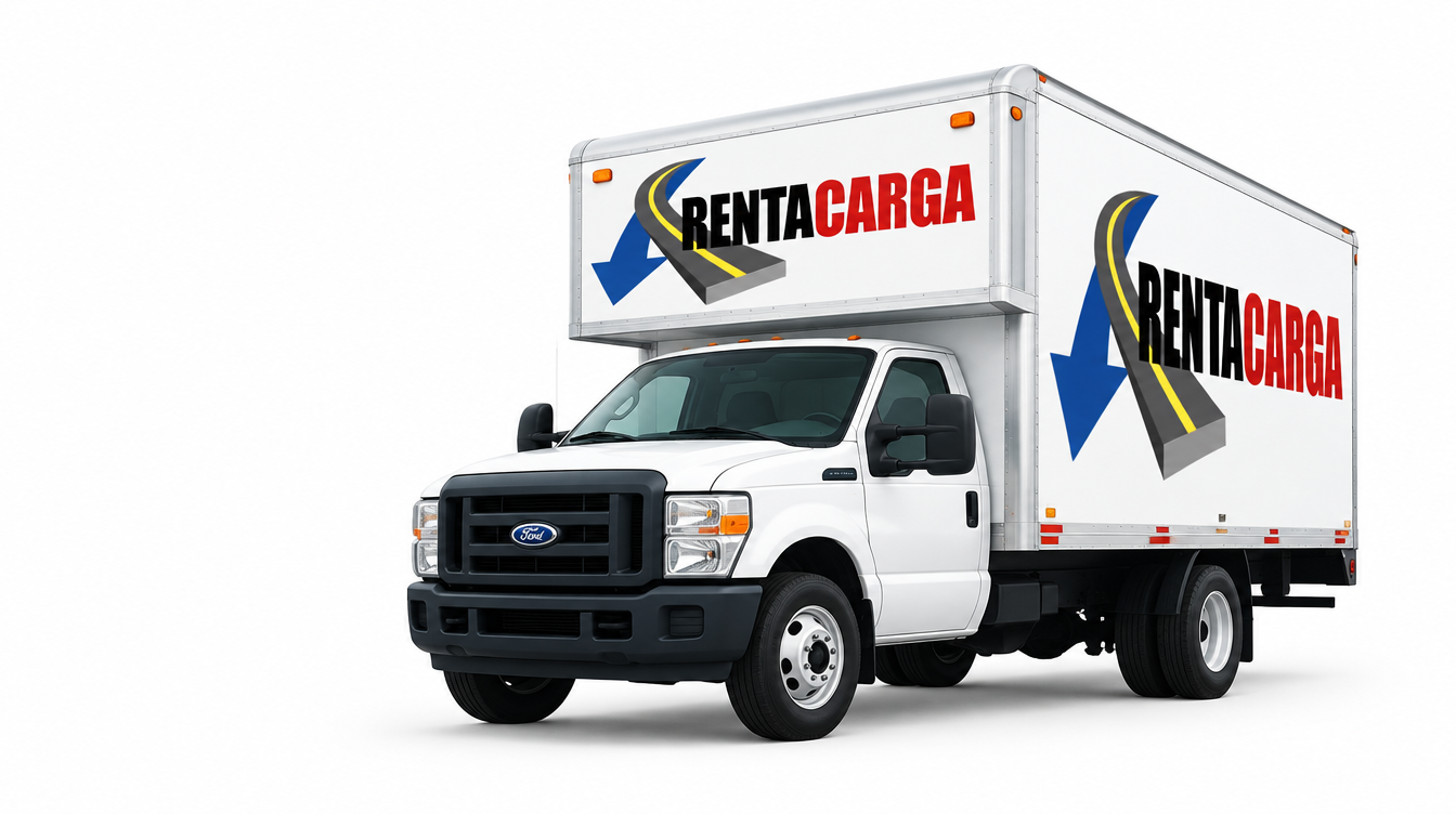 Camioneta Ford blanca de caja seca con el logo de Renta Carga