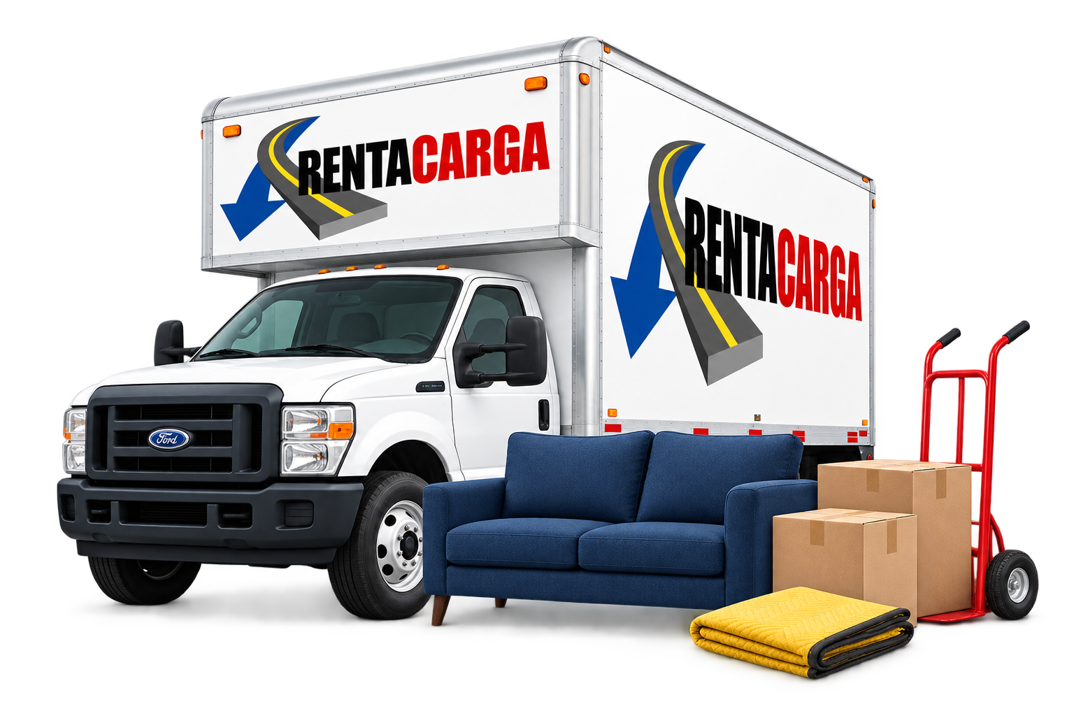 Camioneta Ford de Renta Carga con sofá, cajas y diablito para mudanzas